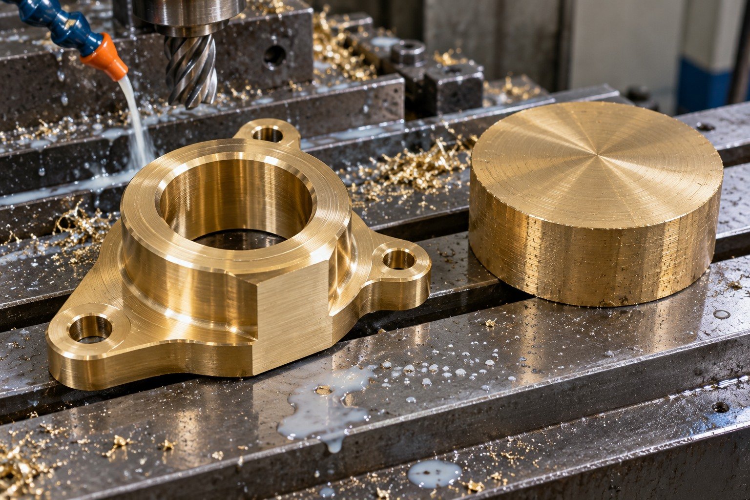 Brass flanged offset spacer and separate stock blank — illustrative generated component concept
