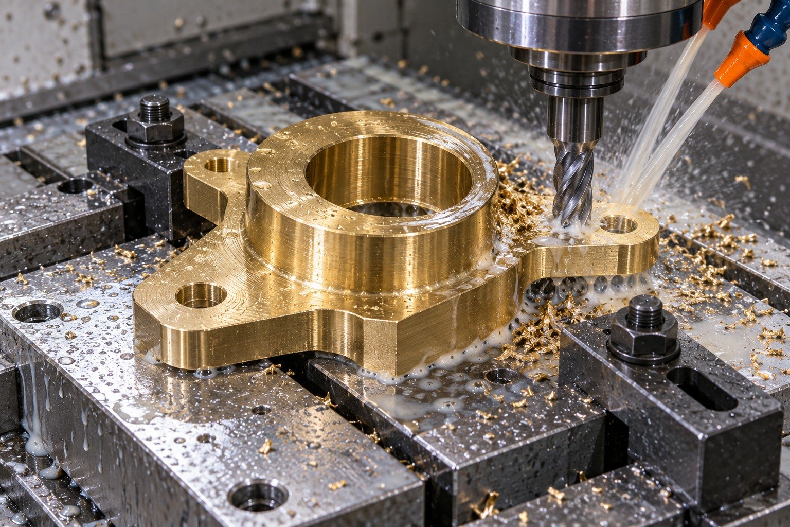 Wet supported machining of a brass flanged offset spacer — illustrative generated component concept