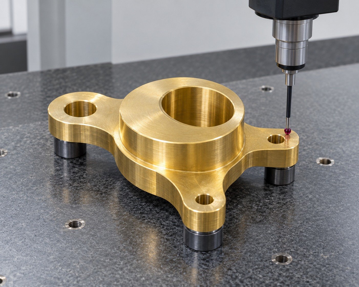 Final datum check of a brass spacer flange — illustrative generated component concept
