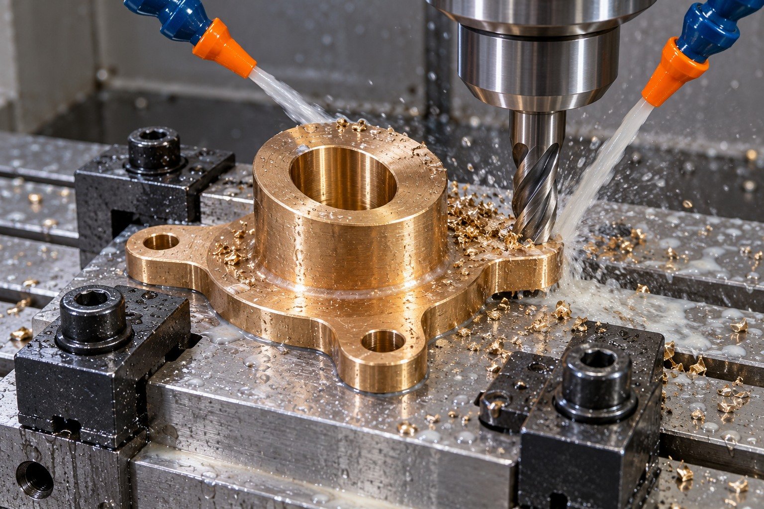 Supported wet milling of a brass spacer ear — illustrative generated component concept