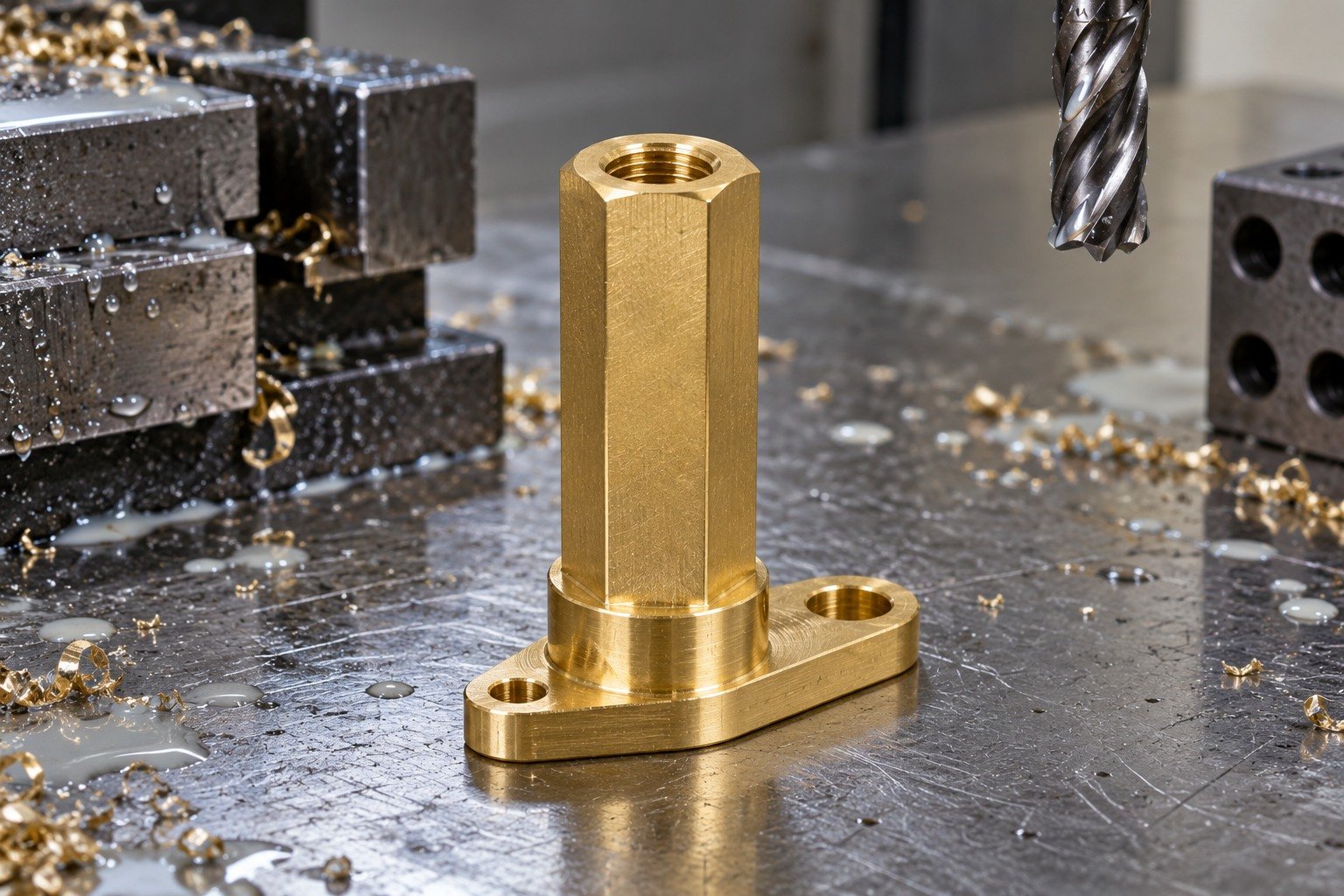 Golden brass tall hexagonal female standoff with axial threaded blind bore, short cylindrical shoulder and asymmetric two-hole mounting foot — illustrative generated component concept