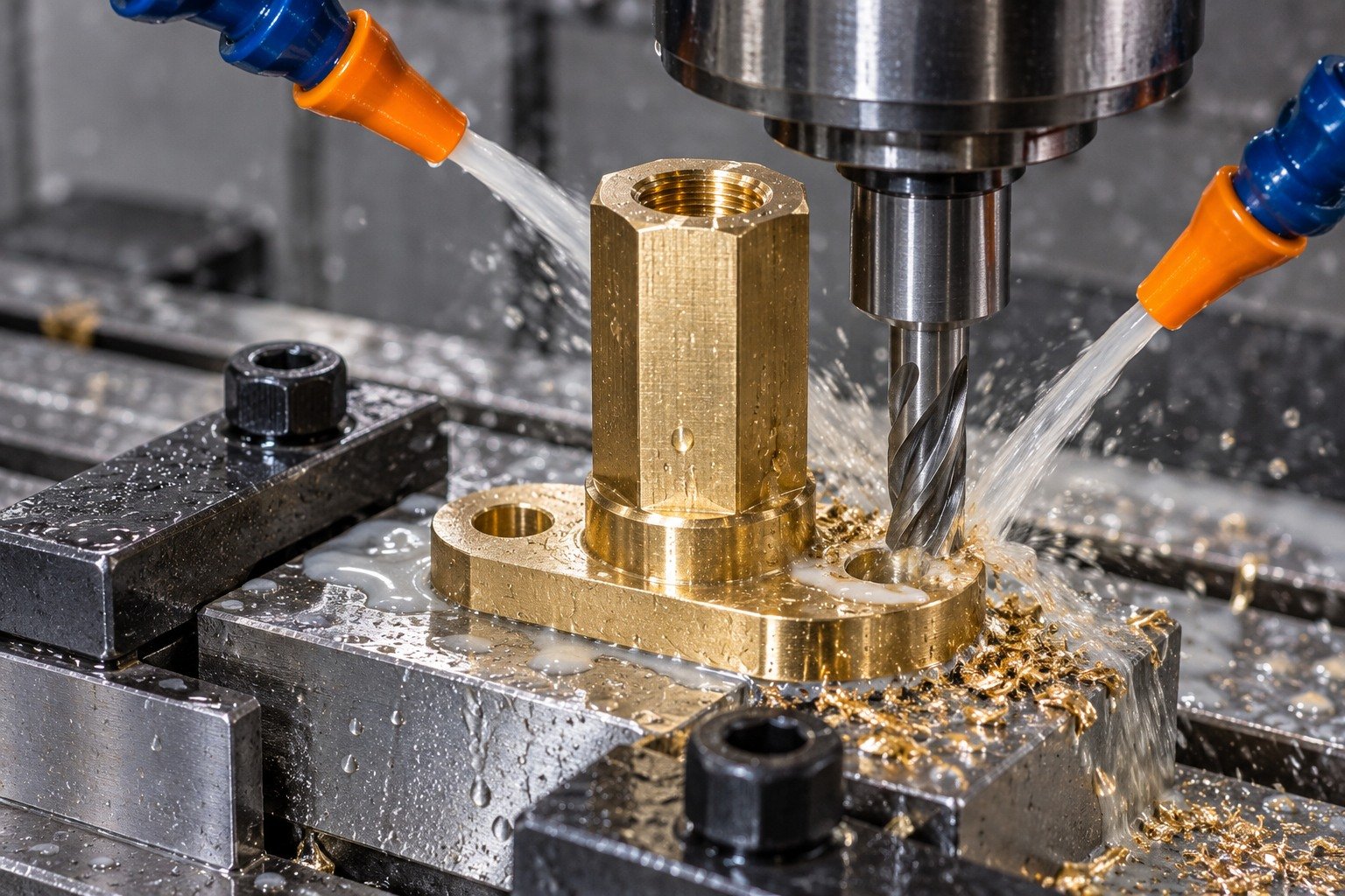 Wet supported machining of a brass hex standoff with mounting foot — illustrative generated component concept