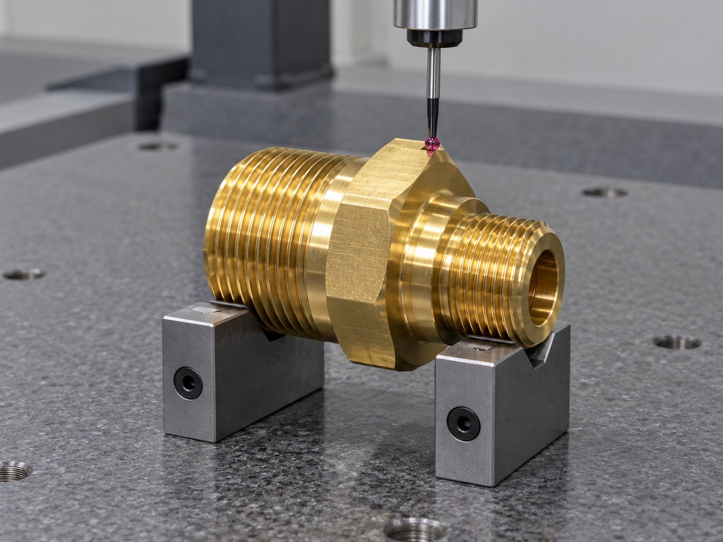 Datum inspection of a brass hex threaded bulkhead fitting — illustrative generated component concept