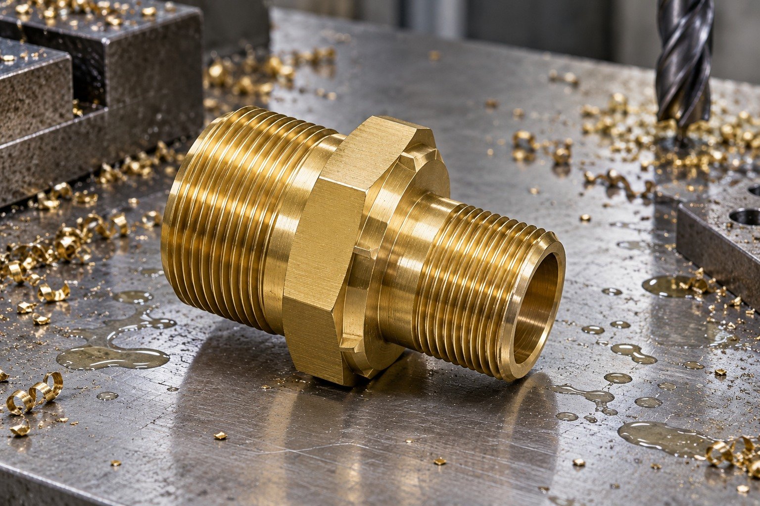 Golden brass stepped bulkhead threaded fitting with two different external thread diameters, broad offset hex collar, two radial wrench flats and a clear through bore — illustrative generated component concept