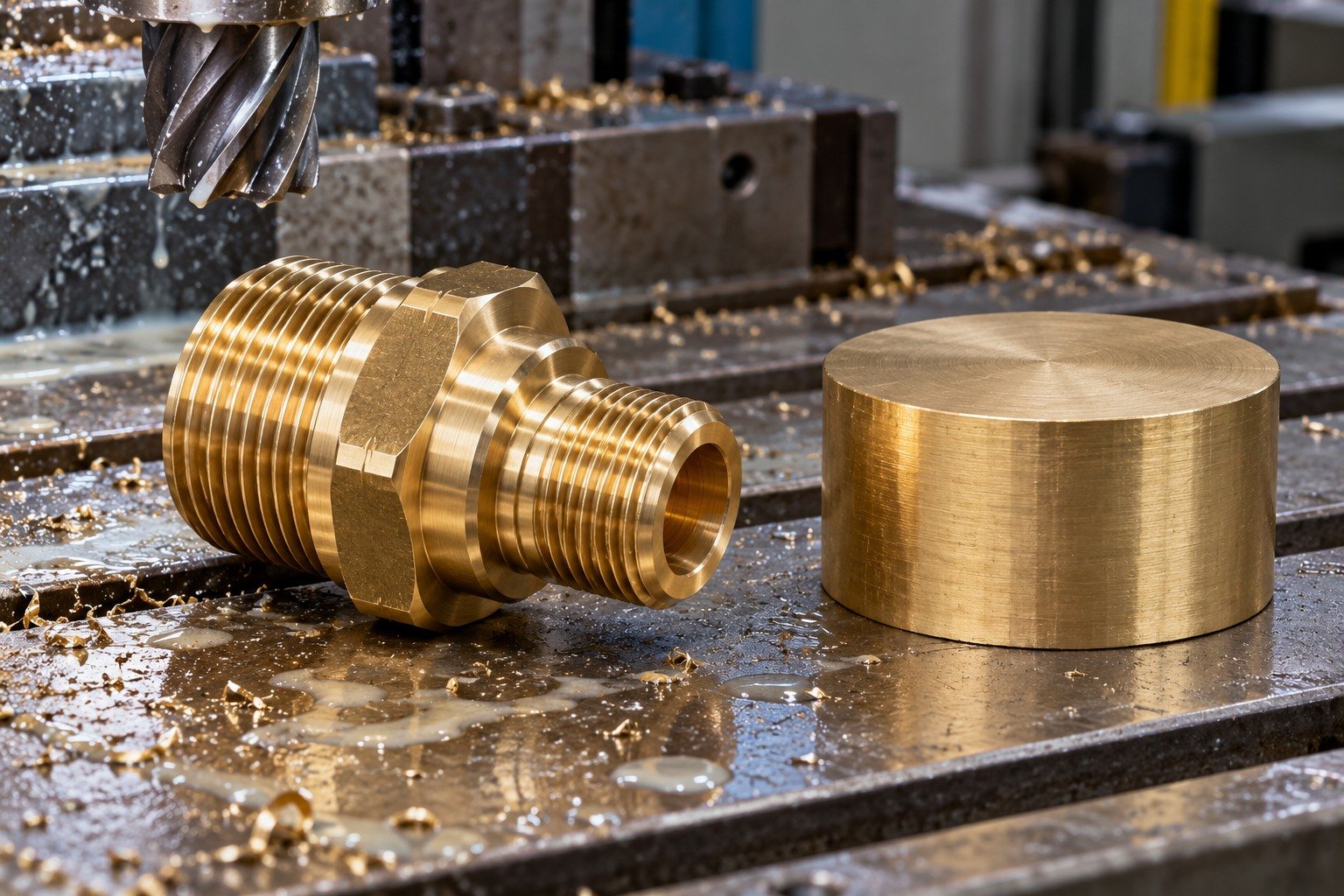 Brass hex threaded bulkhead fitting and separate stock blank — illustrative generated component concept