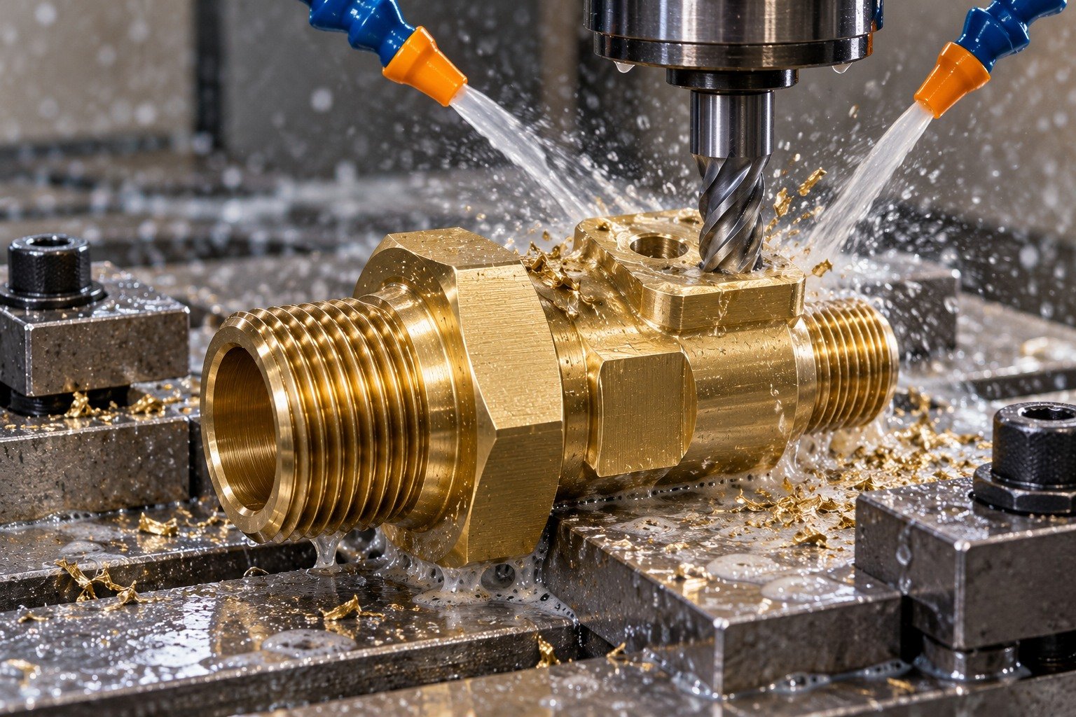 Wet supported machining of a brass hex threaded bulkhead fitting — illustrative generated component concept