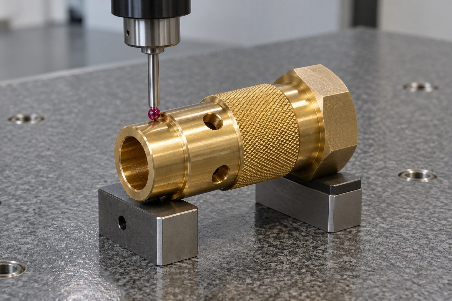 Datum inspection of a brass knurled connector housing — illustrative generated component concept