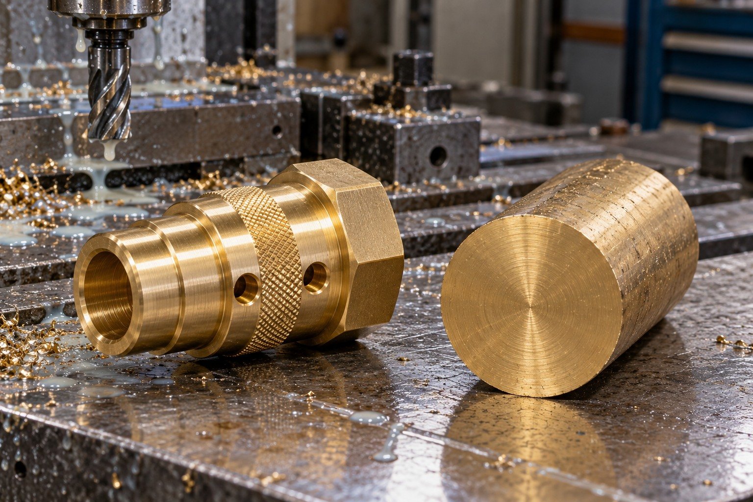 Brass knurled connector housing and separate stock blank — illustrative generated component concept