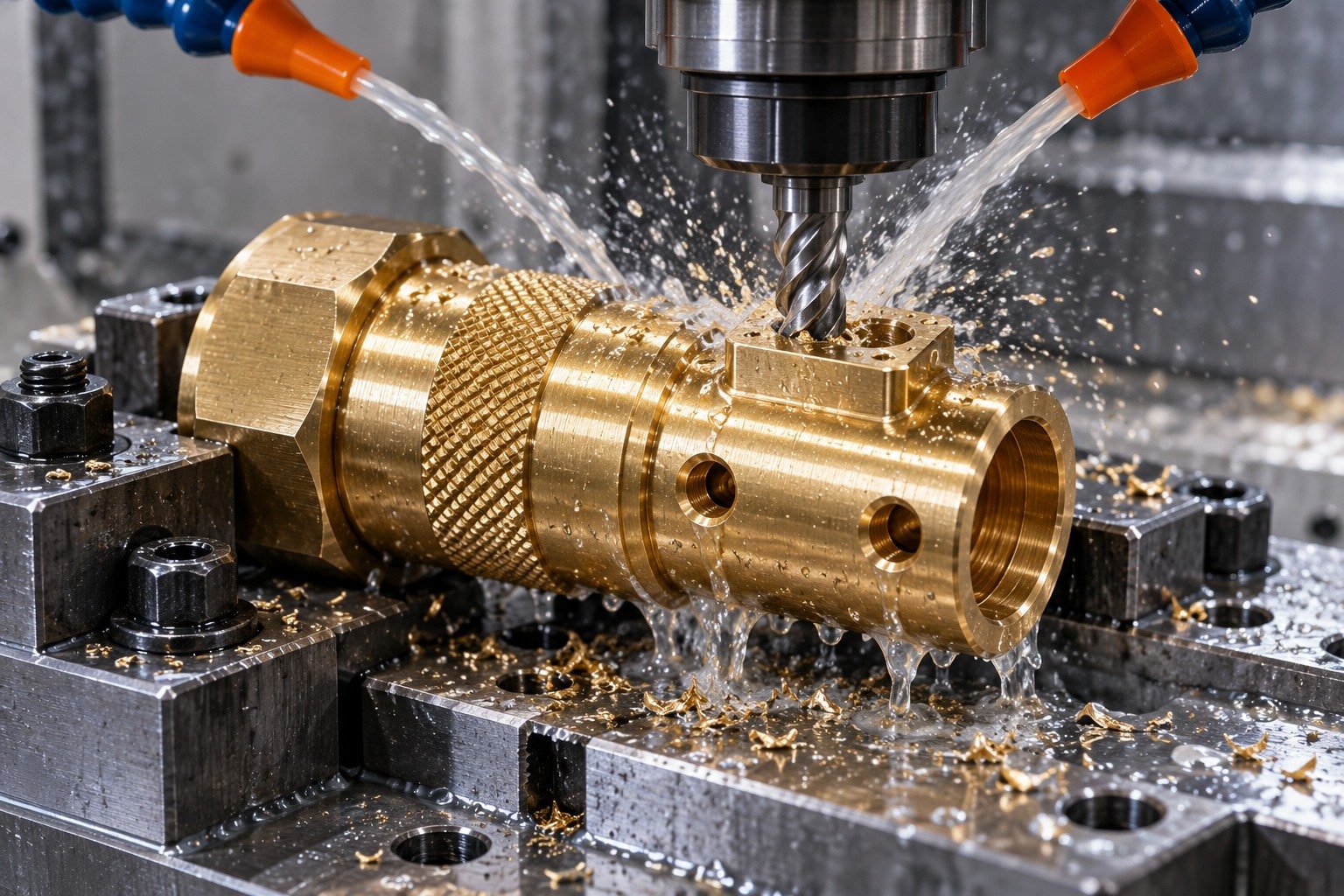 Wet supported machining of a brass knurled connector housing — illustrative generated component concept