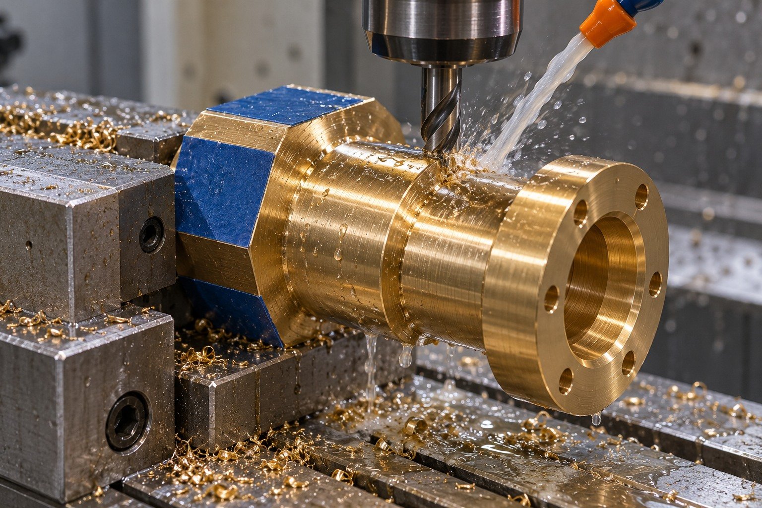 Selected masking on a brass connector housing — illustrative generated component concept