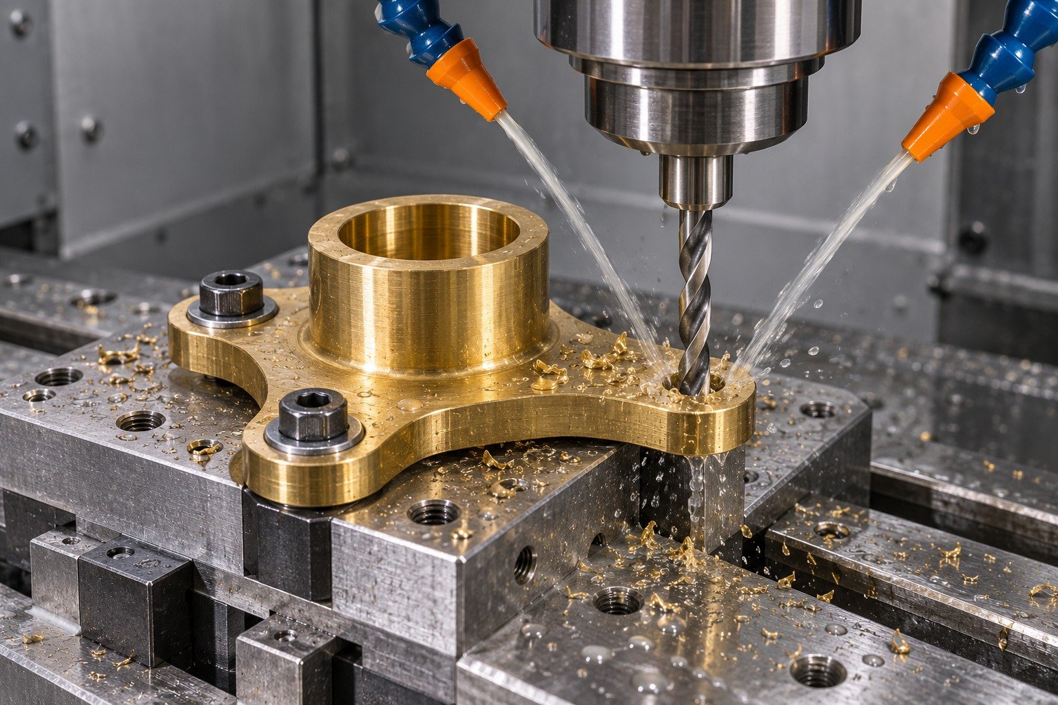 Wet drilling of a supported brass mounting ear — illustrative generated component concept