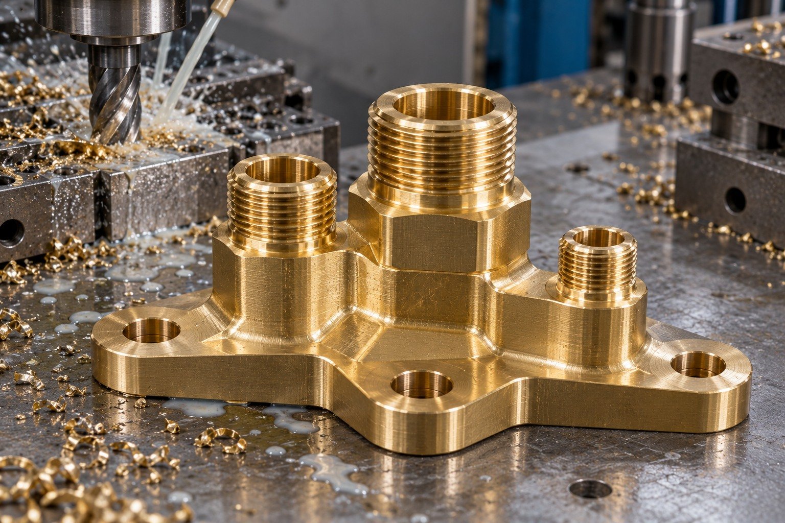 Illustrative brass offset distributor with three threaded bosses and mounting base