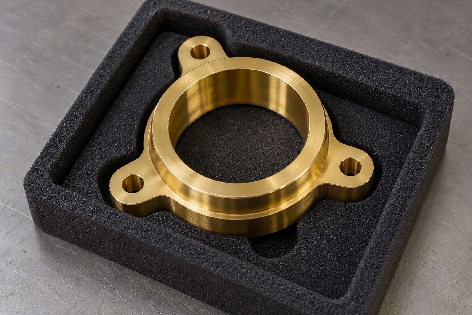 Brass spacer concept in protective packaging — illustrative generated component concept