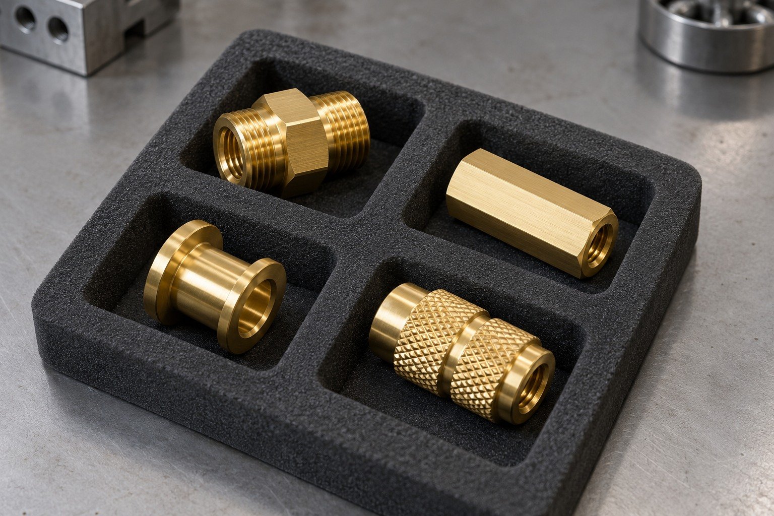 Distinct brass concepts in separate protective pockets — illustrative generated component concept