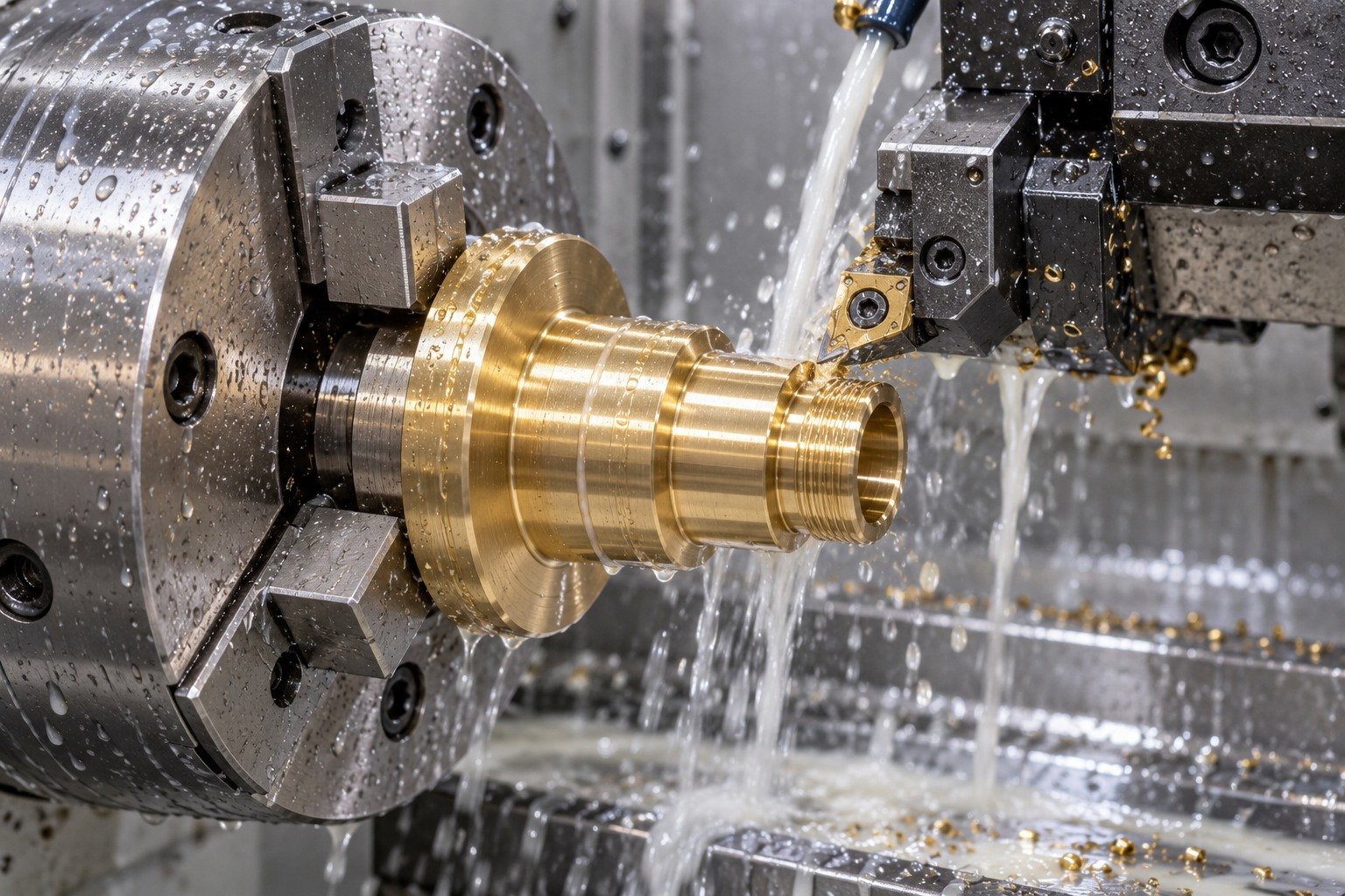 Wet turning of a supported brass connector shoulder — illustrative generated component concept