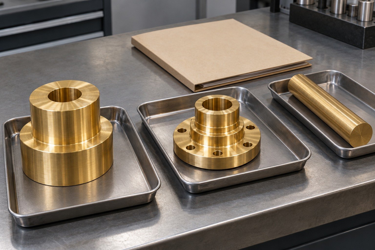 Separate brass blanks and stock for material-identity review — illustrative generated component concept