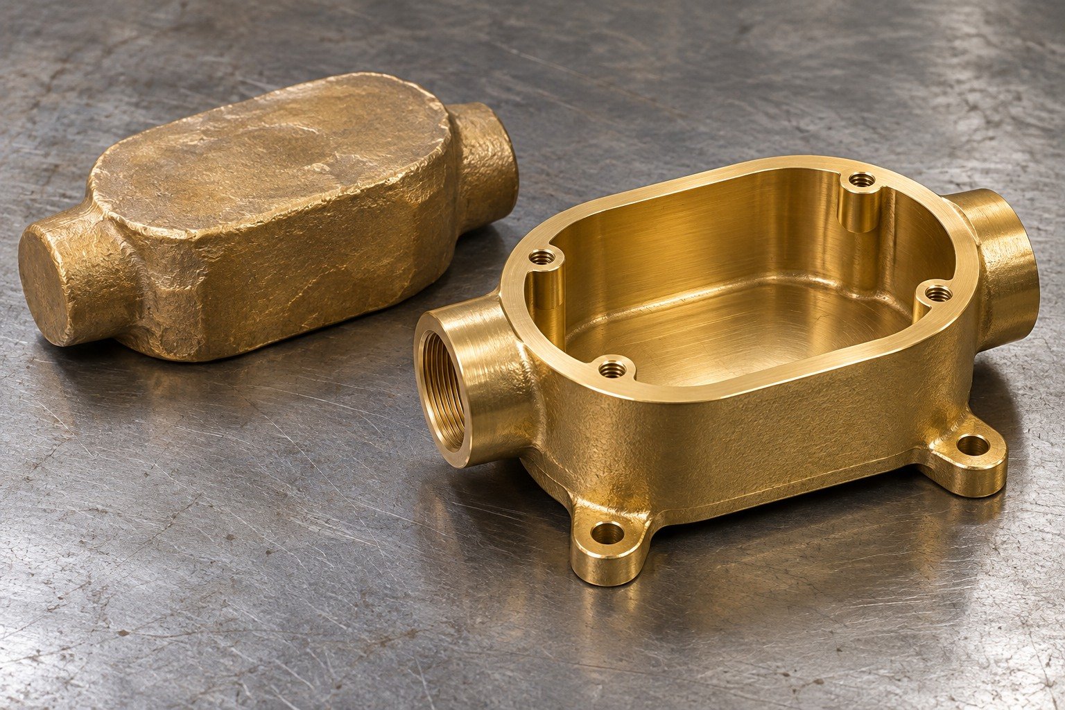 Golden brass thick oval electrical cover housing with a shallow open recess, two rounded side connection bosses, four short mounting feet and a machined broad rim; plausible rounded forged blank outline — illustrative generated component concept