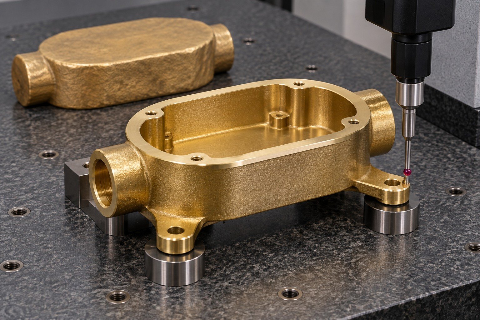 Final datum inspection of a brass bossed electrical cover housing — illustrative generated component concept