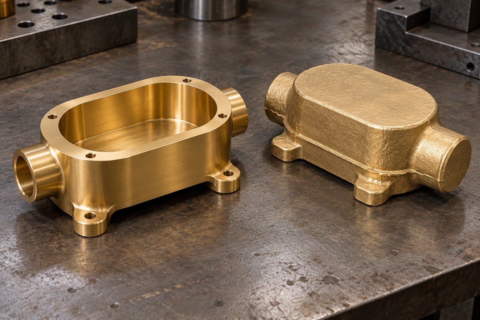 Finished brass bossed electrical cover housing and separate near-net blank for route review — illustrative generated component concept