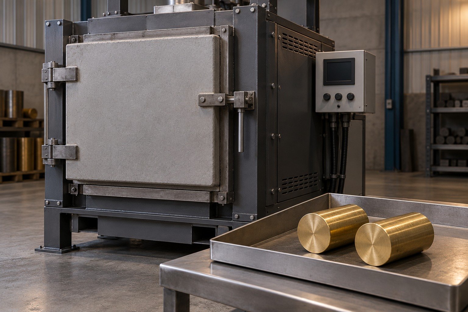 Closed furnace and separate brass billets for thermal-route review — illustrative generated component concept