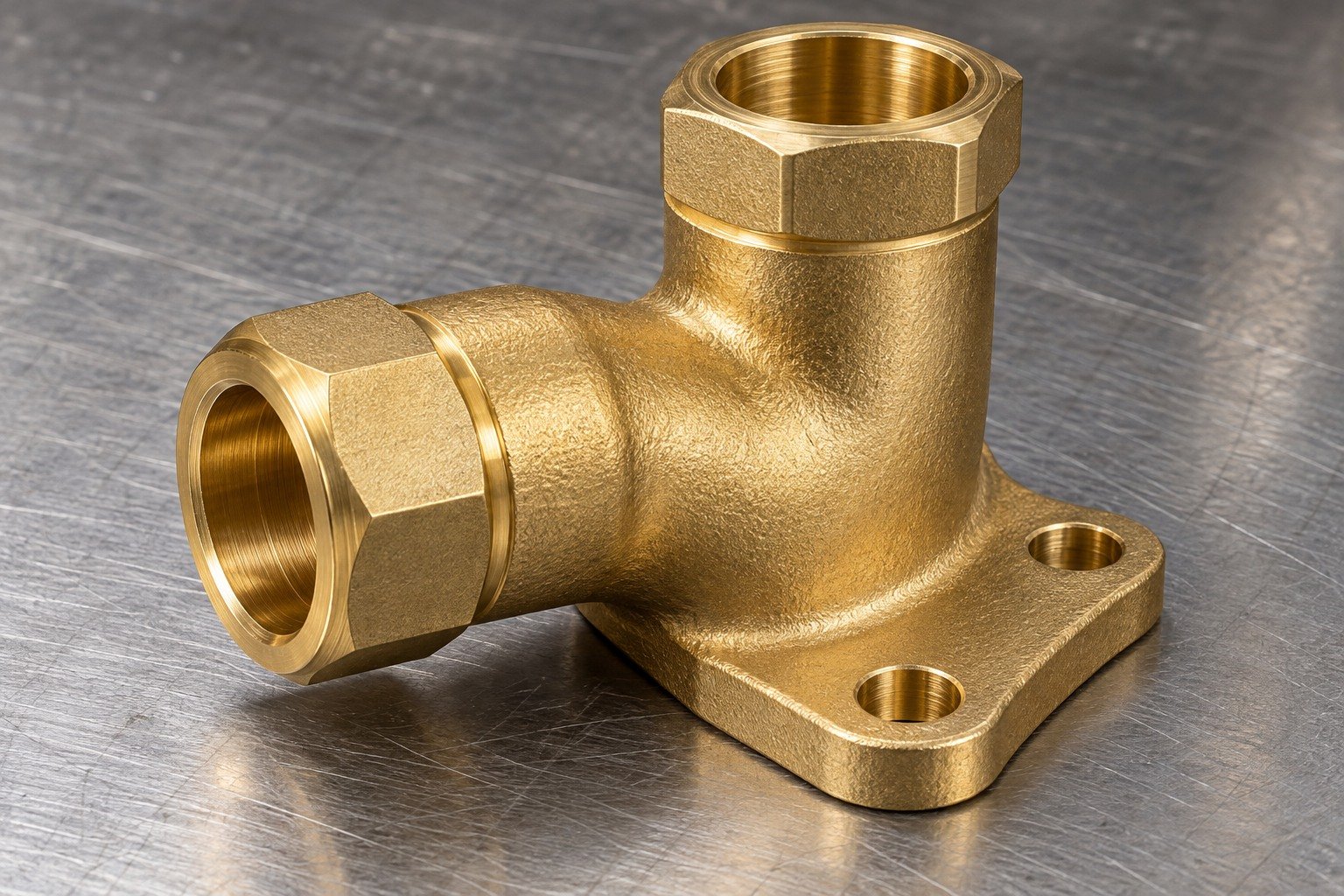 Golden brass thick ninety-degree elbow fitting with smoothly curved forged outer body, two short hexagonal port collars, accessible circular bores and one broad offset mounting ear with two holes — illustrative generated component concept
