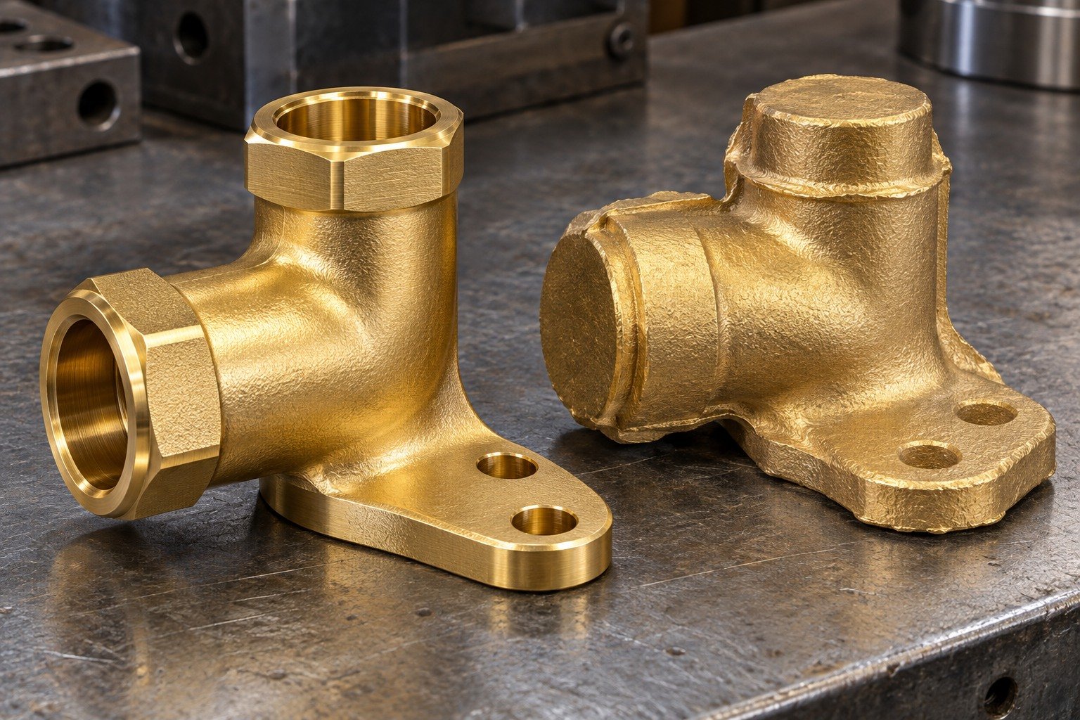 Finished brass elbow fitting with mounting ear and separate near-net blank for route review — illustrative generated component concept