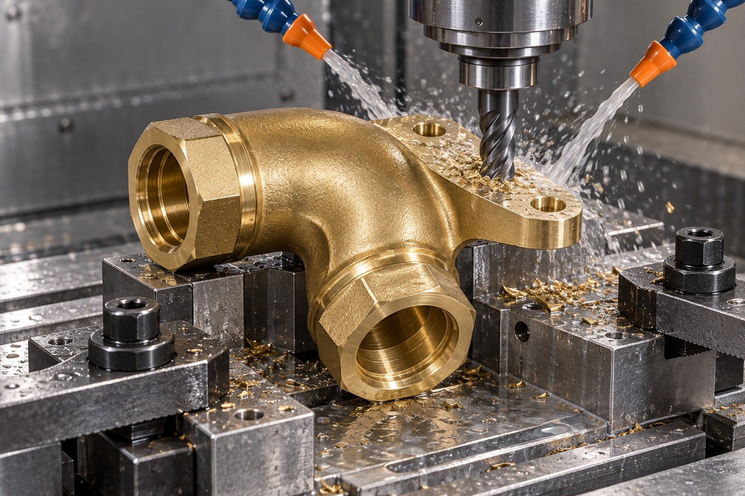 Supported wet finish machining of a brass elbow fitting with mounting ear — illustrative generated component concept