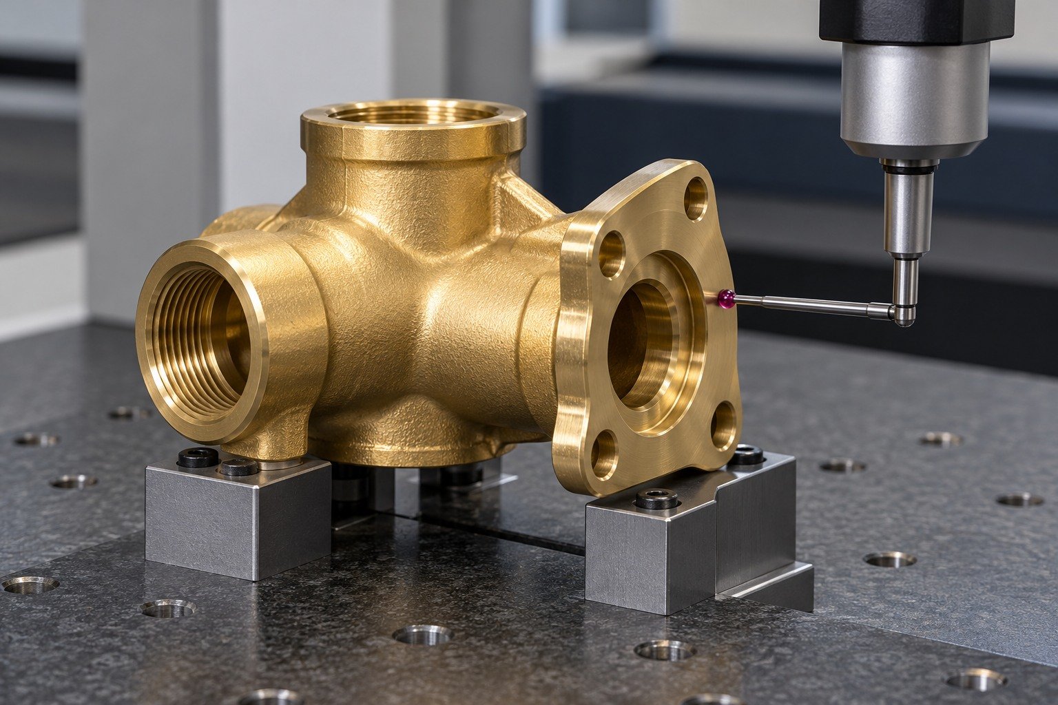 First-sample datum check of a brass valve-body concept — illustrative generated component concept