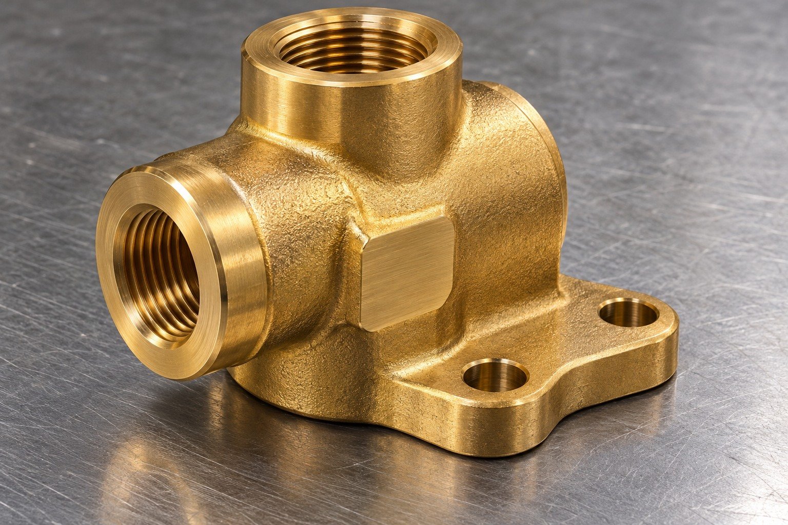 Golden brass compact thick hydraulic port block with rounded forged outside shoulders, two perpendicular bored port bosses, one shallow external locating flat and an offset two-hole mounting foot — illustrative generated component concept