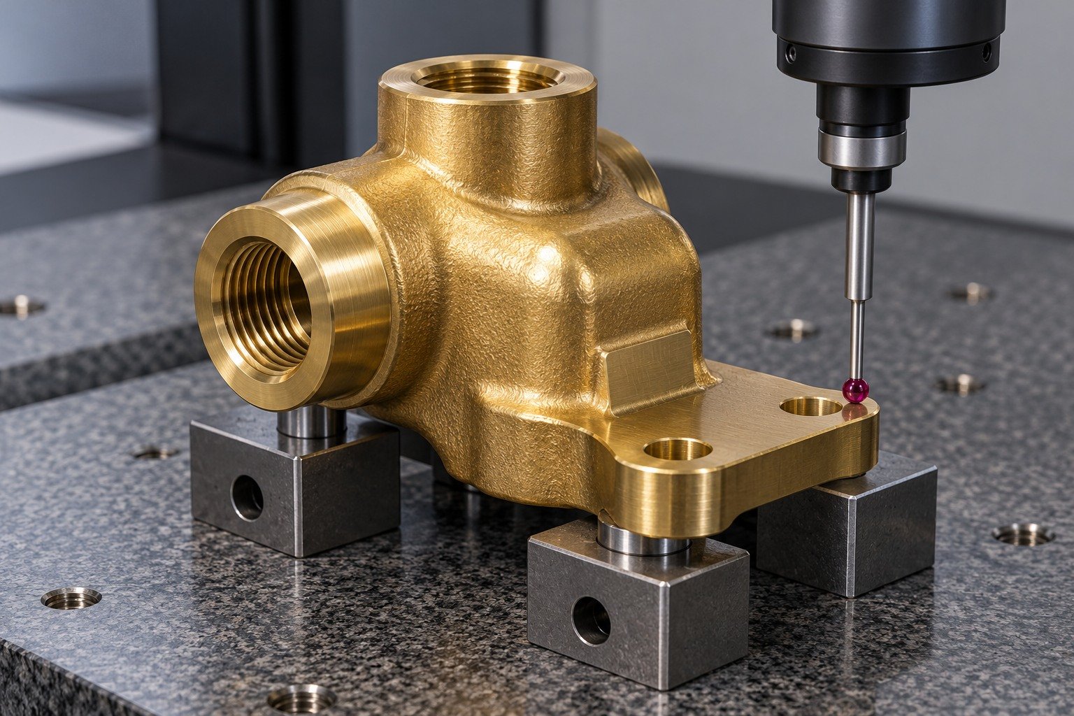 Final datum inspection of a brass offset hydraulic port block — illustrative generated component concept