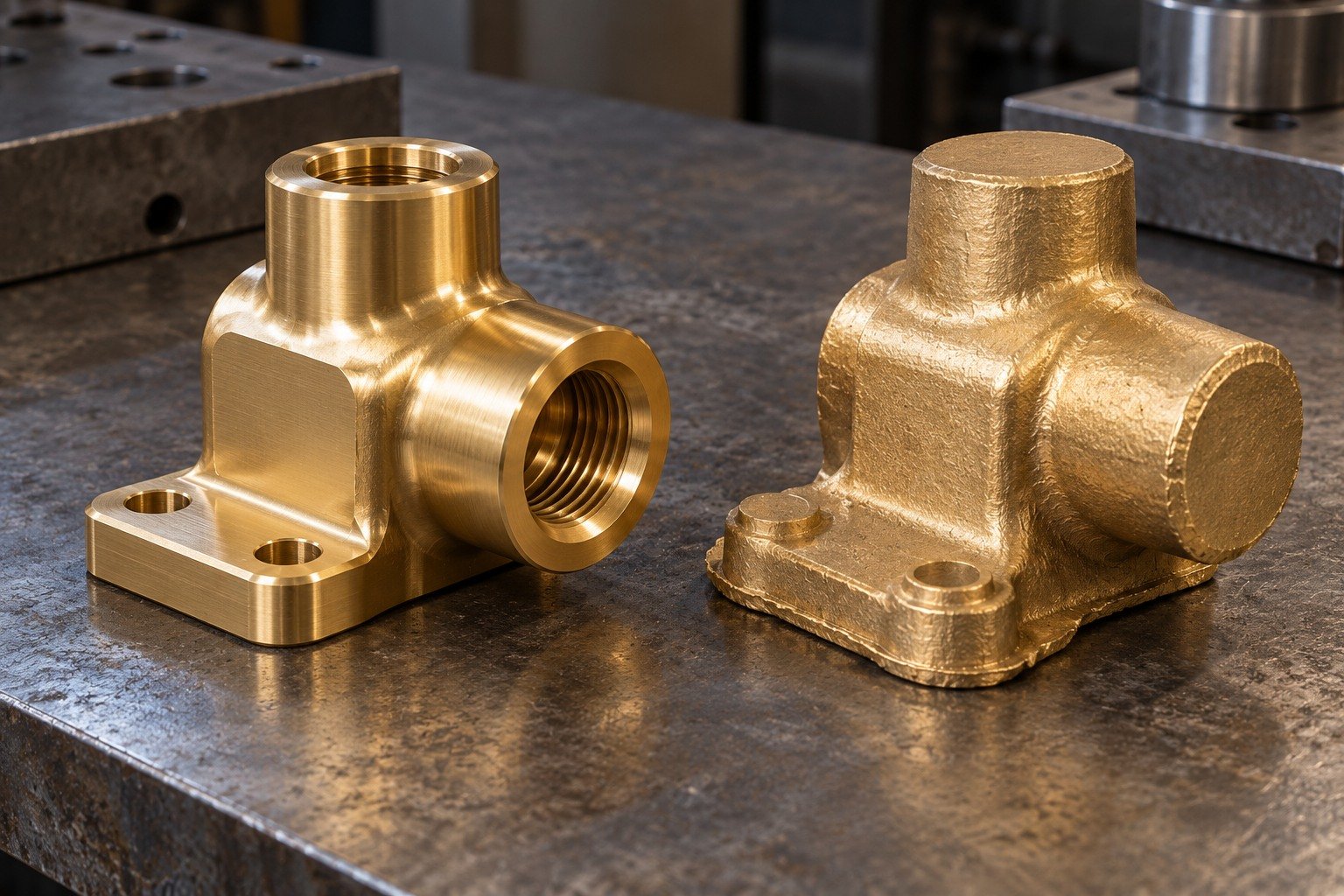 Finished brass offset hydraulic port block and separate near-net blank for route review — illustrative generated component concept