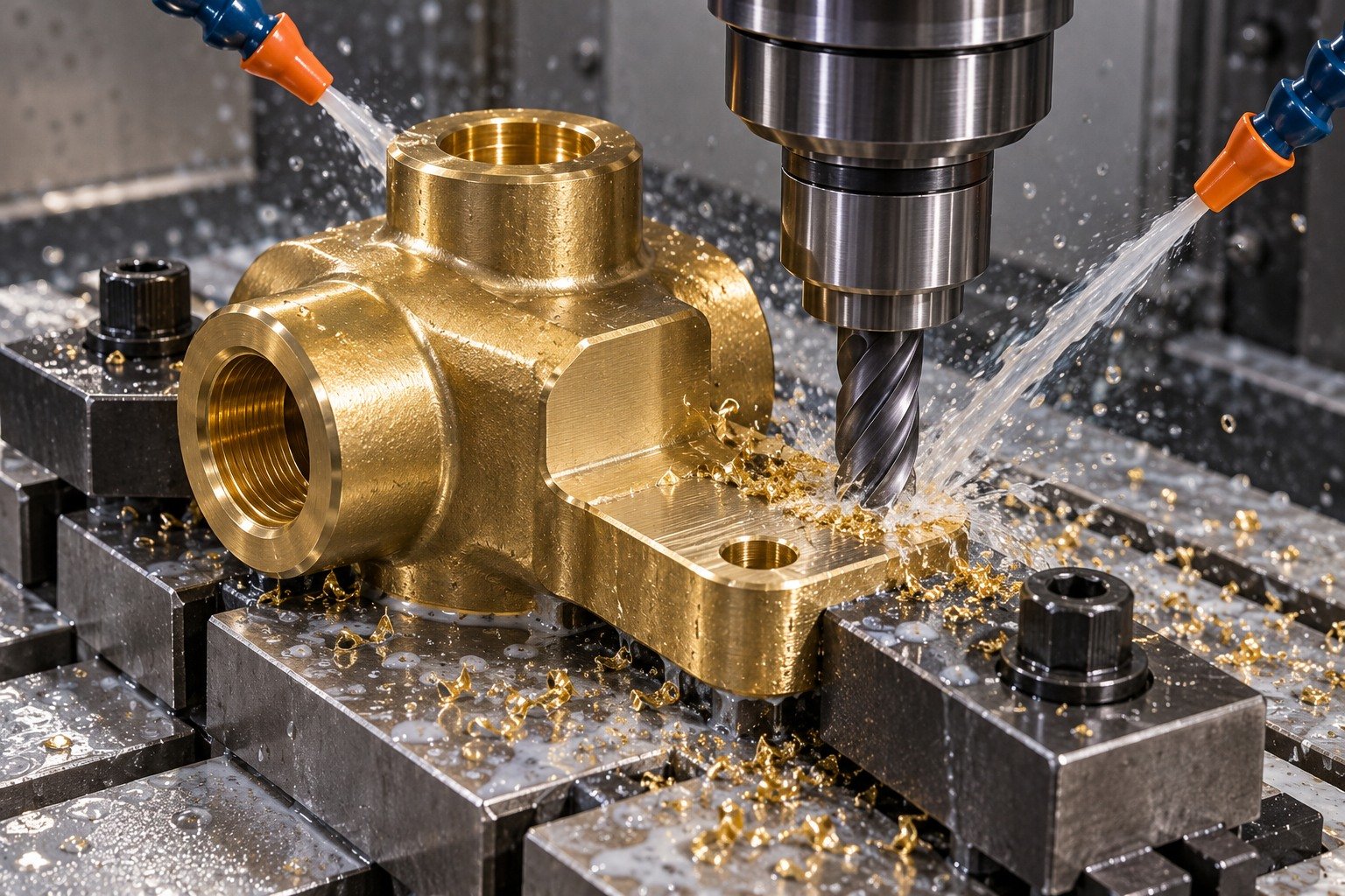 Supported wet finish machining of a brass offset hydraulic port block — illustrative generated component concept