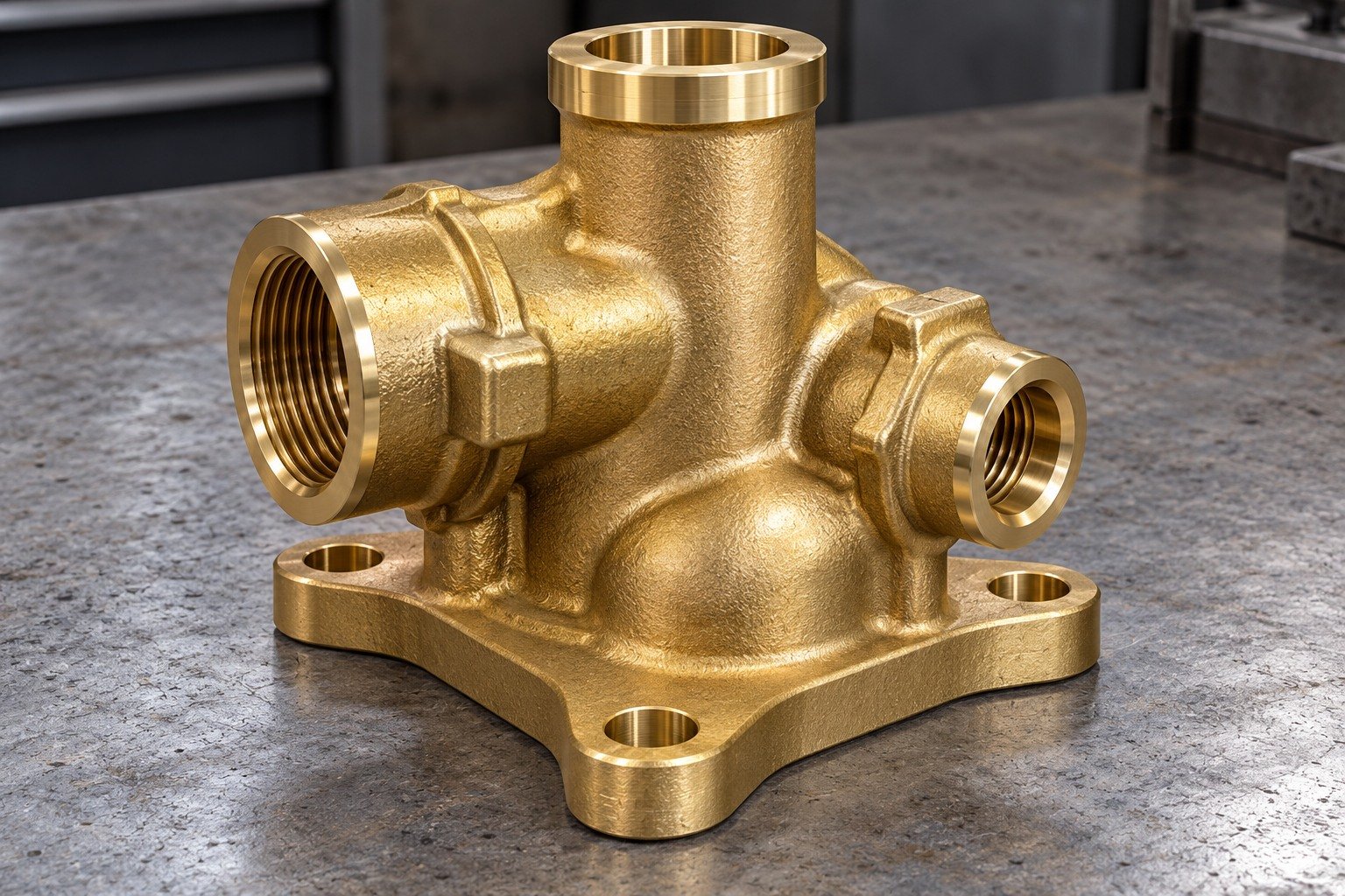 Illustrative rounded brass valve housing with offset neck, side bosses and triangular mounting base