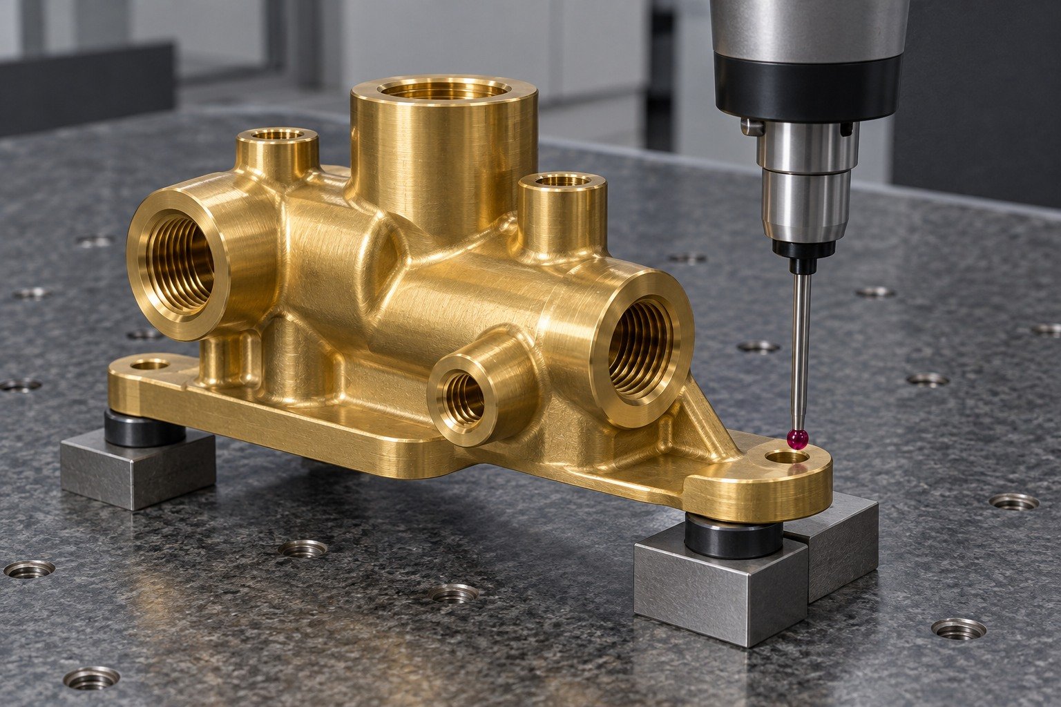 Final mounting-datum inspection of a brass port block — illustrative generated component concept