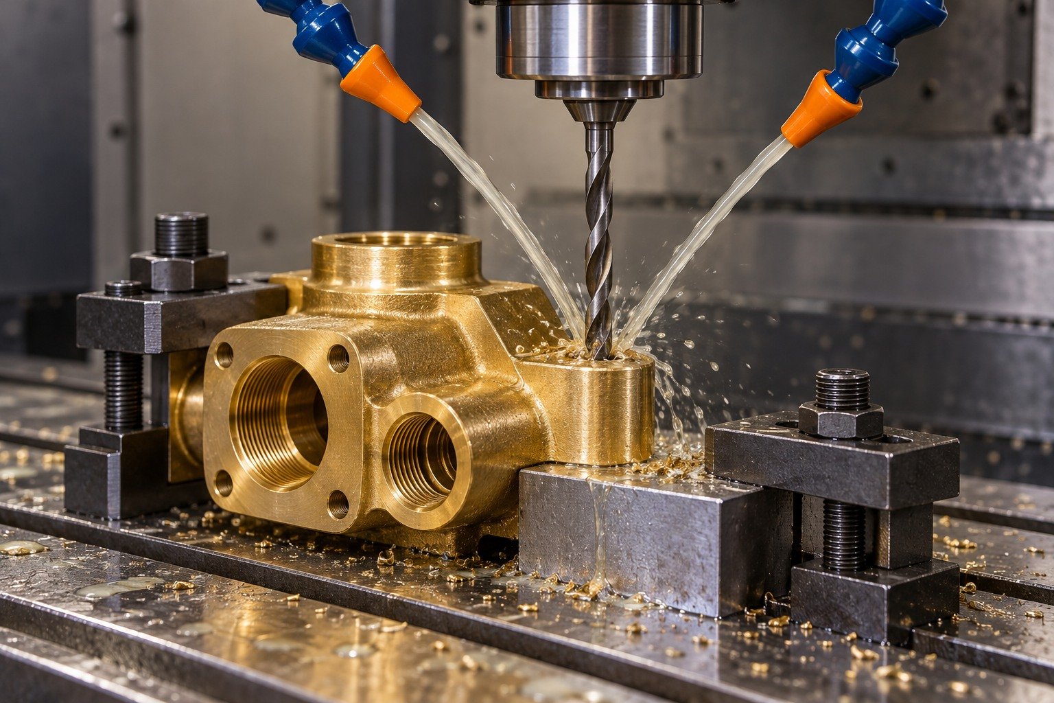 Supported wet drilling of a brass port-block mounting ear — illustrative generated component concept