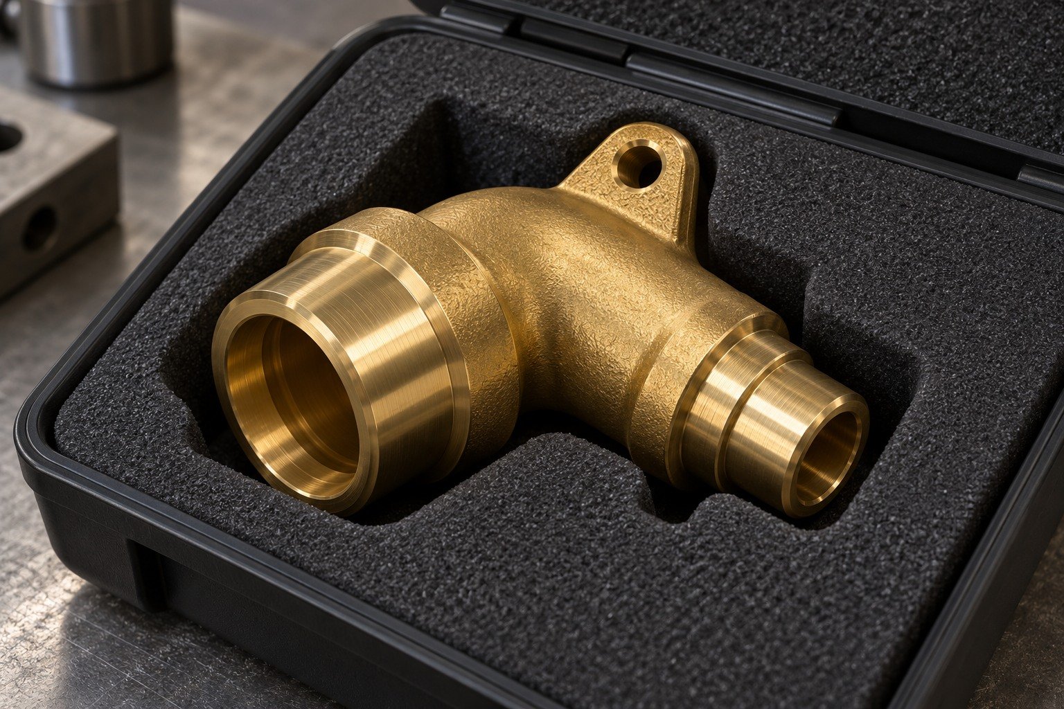 Brass elbow fitting protected in an individual delivery pocket — illustrative generated component concept