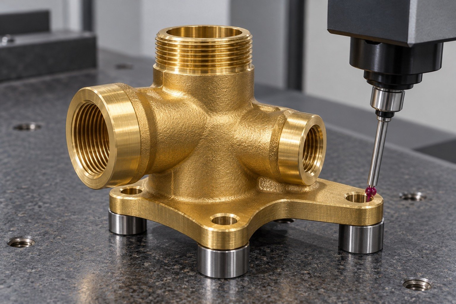 Final datum inspection of a brass three port valve body — illustrative generated component concept