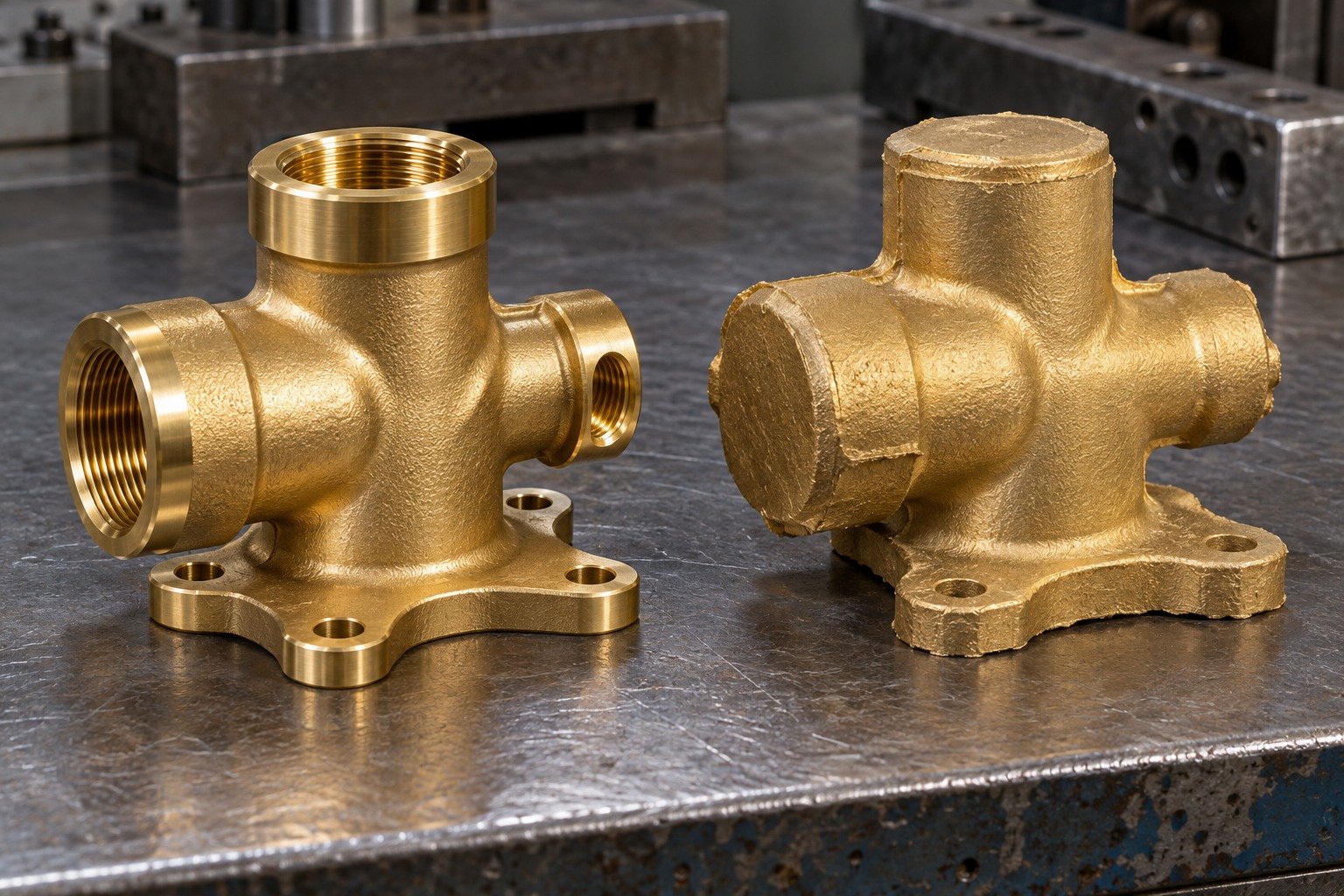 Finished brass three port valve body and separate near-net blank for route review — illustrative generated component concept