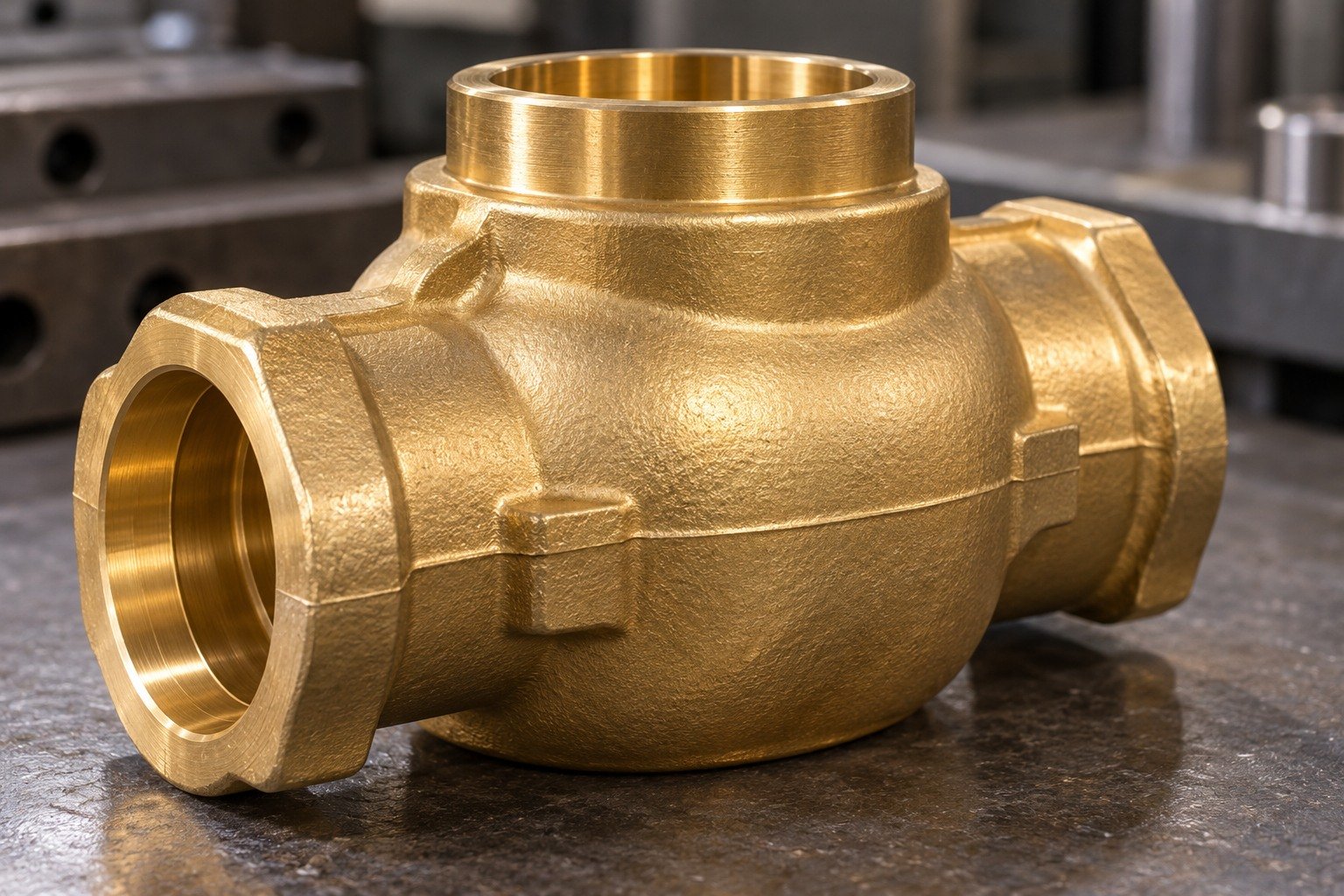 Trimmed parting-line and forged transition review on a brass blank — illustrative generated component concept