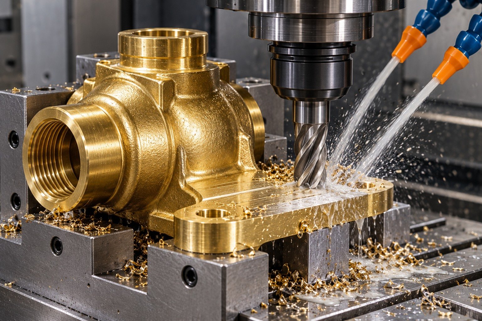 Wet finish milling of a supported brass valve mounting foot — illustrative generated component concept