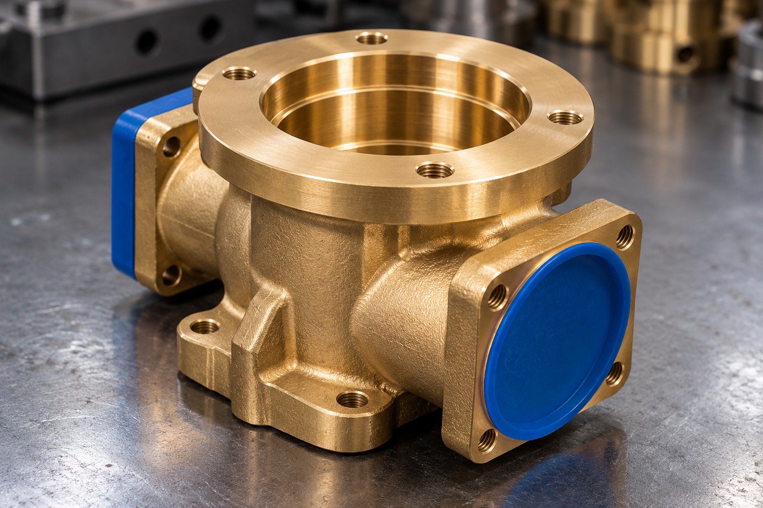 Sealing face and handling protection on a brass valve housing — illustrative generated component concept
