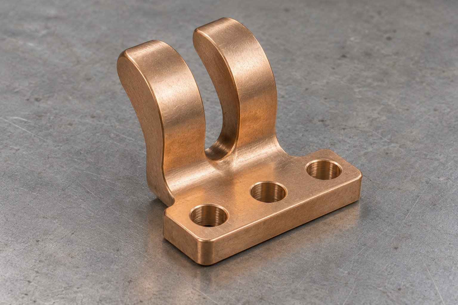 A small phosphor-bronze bifurcated electrical contact shoe with two broad rounded fingers and a thick three-hole mounting foot concept — illustrative generated component concept