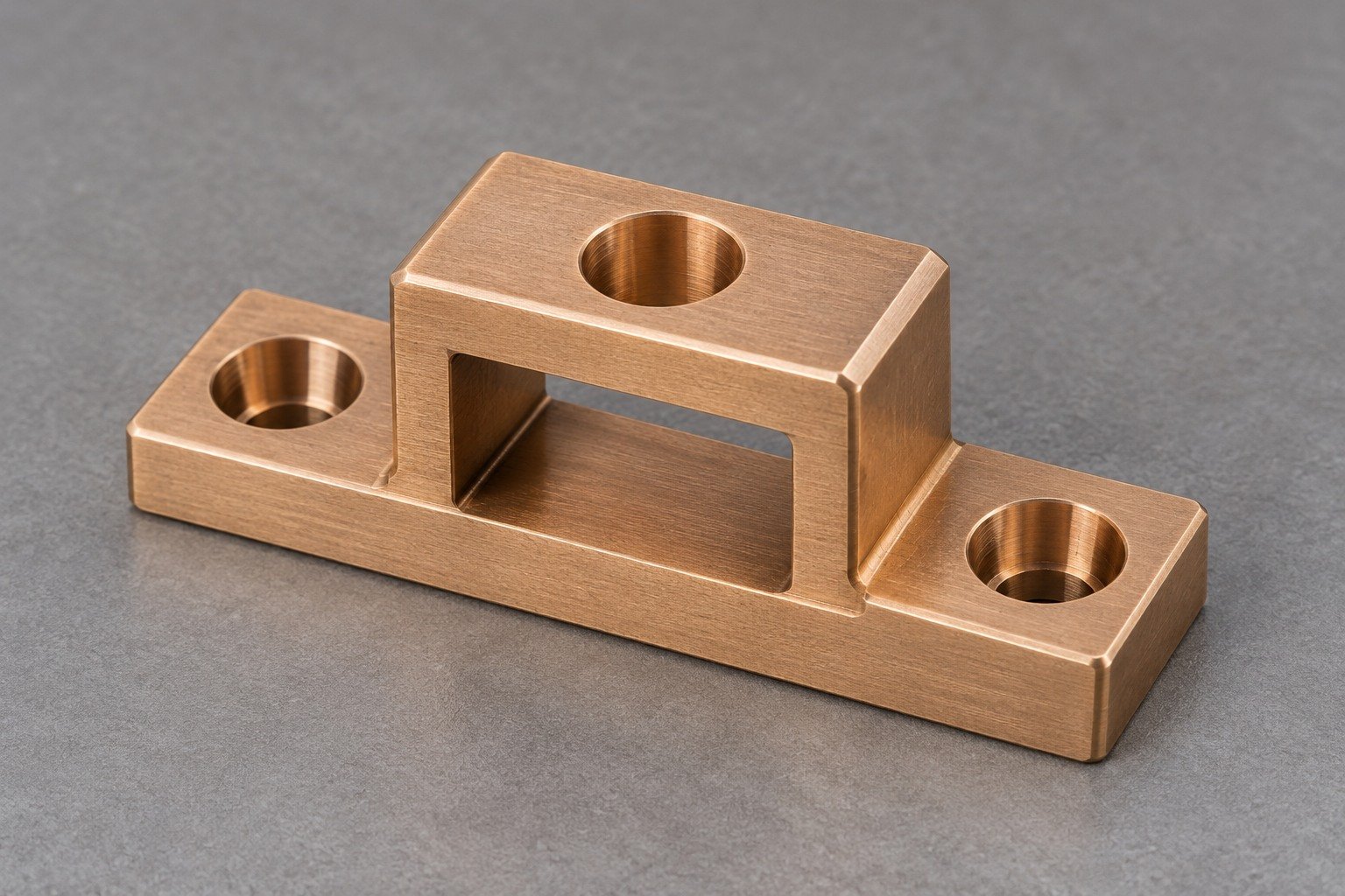 Illustrative compact phosphor-bronze connector block with slotted bridge and mounting bores