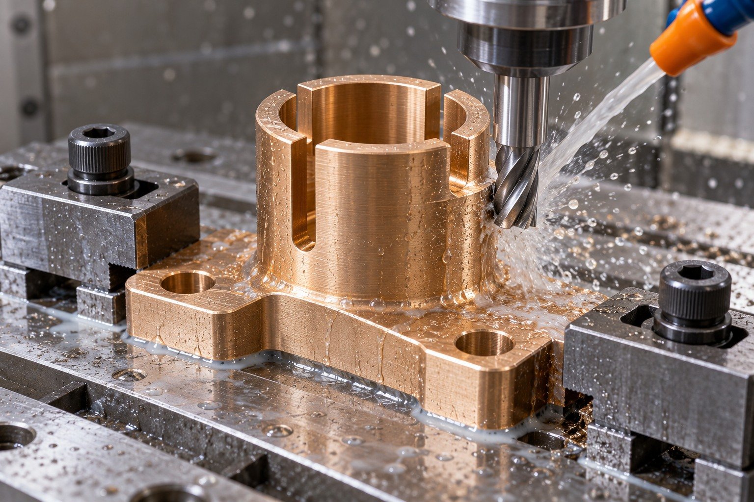 Milling a supported bronze connector mounting foot — illustrative generated component concept