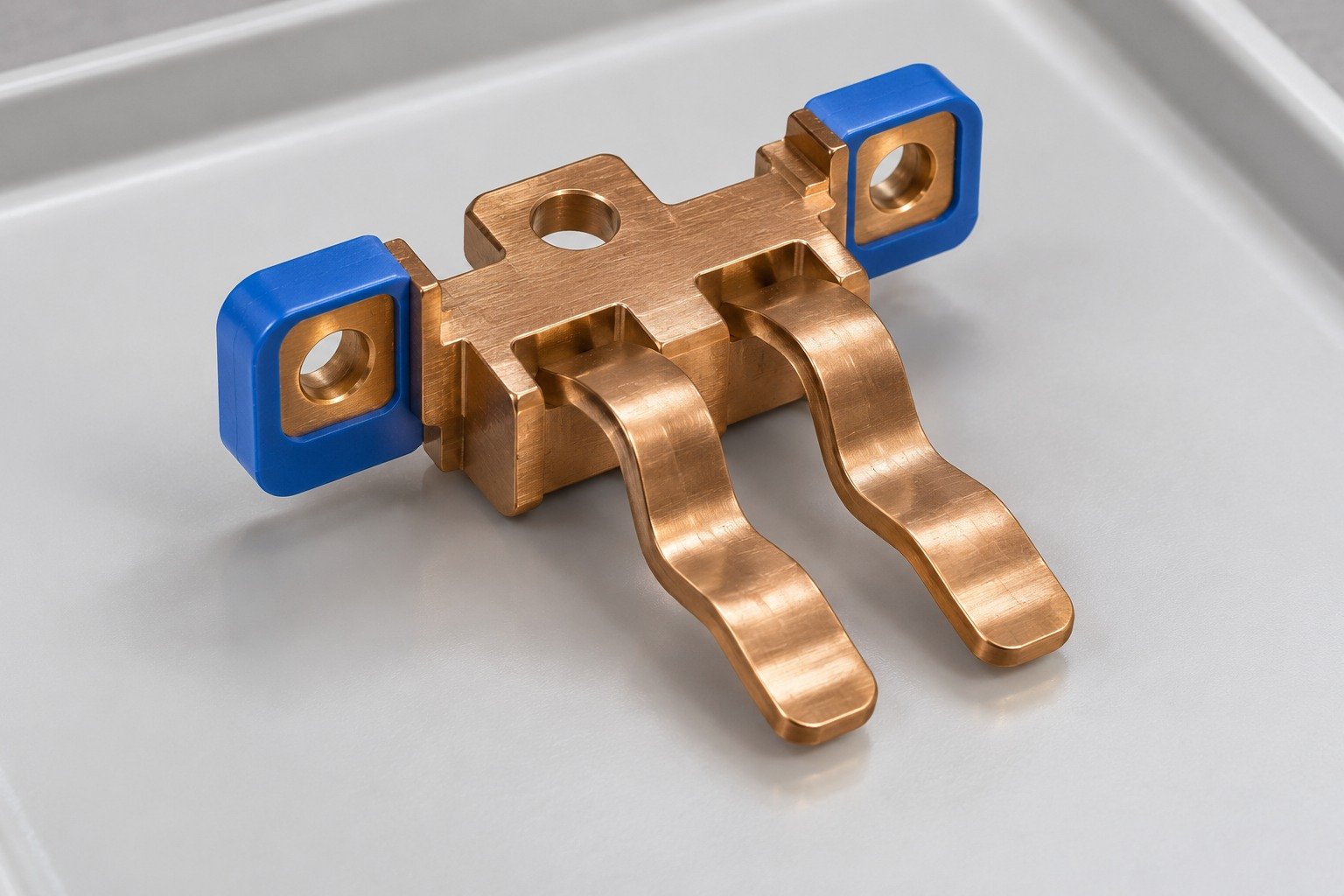 Protected handling faces and exposed bronze contact lands — illustrative generated component concept