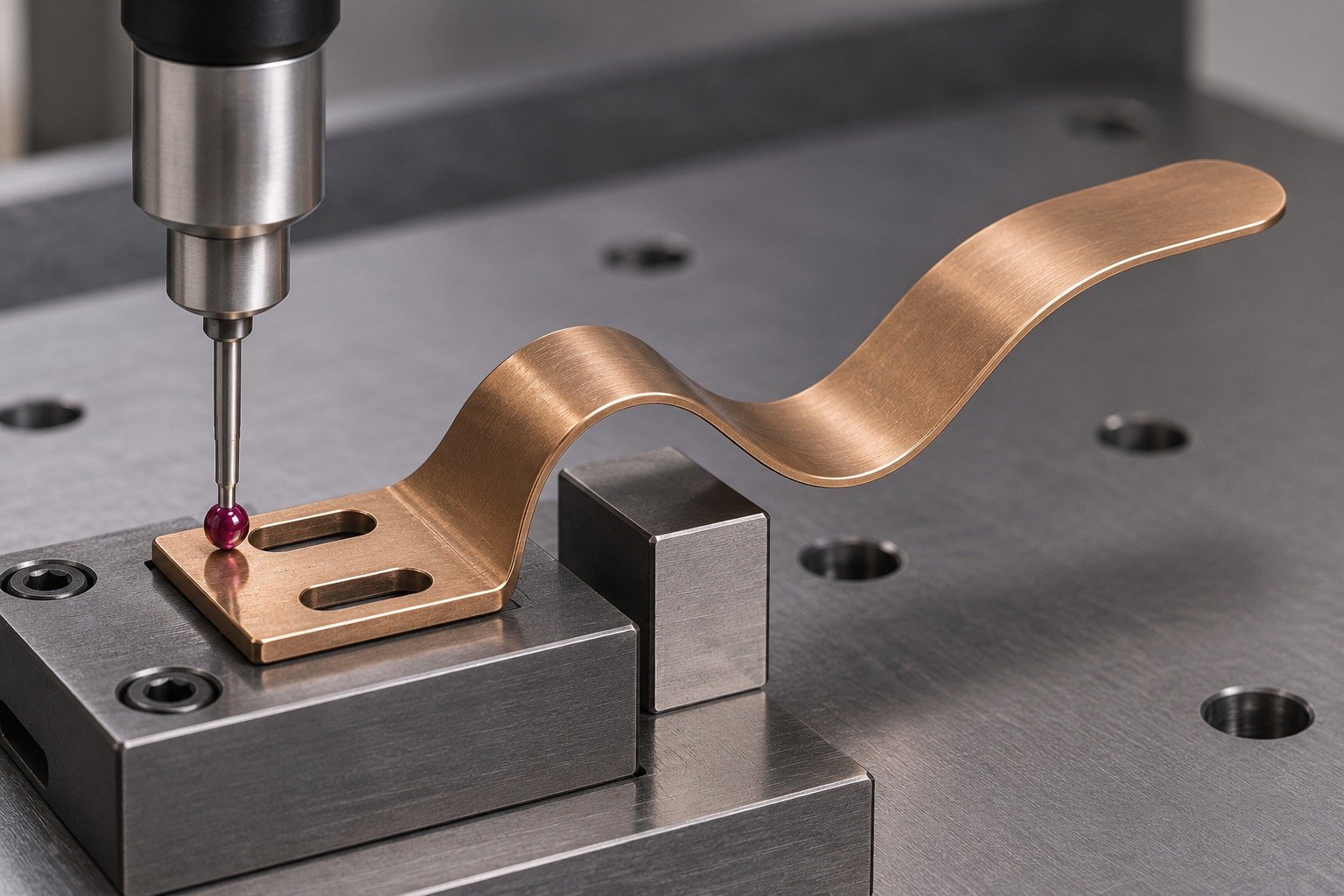 Datum inspection of curved spring blade — illustrative generated component concept