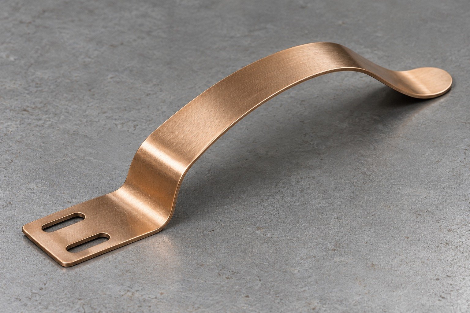 A curved thin phosphor-bronze spring blade with two wide radiused bends, a flat two-slot mounting foot and a rounded free end concept — illustrative generated component concept