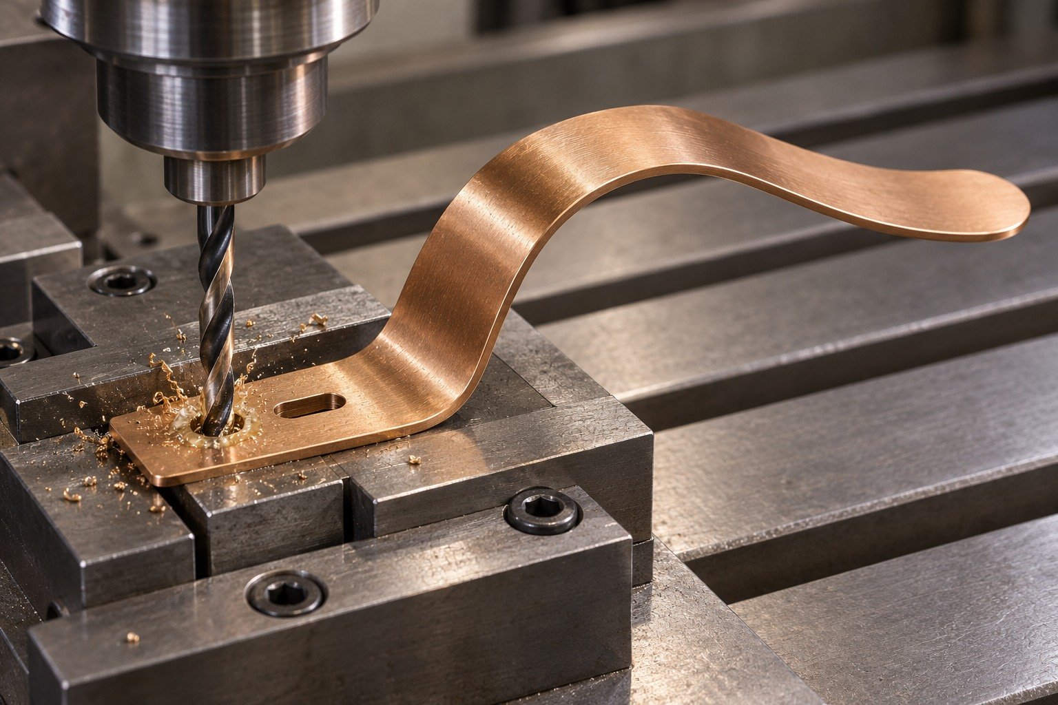 Supported machining review of curved spring blade — illustrative generated component concept