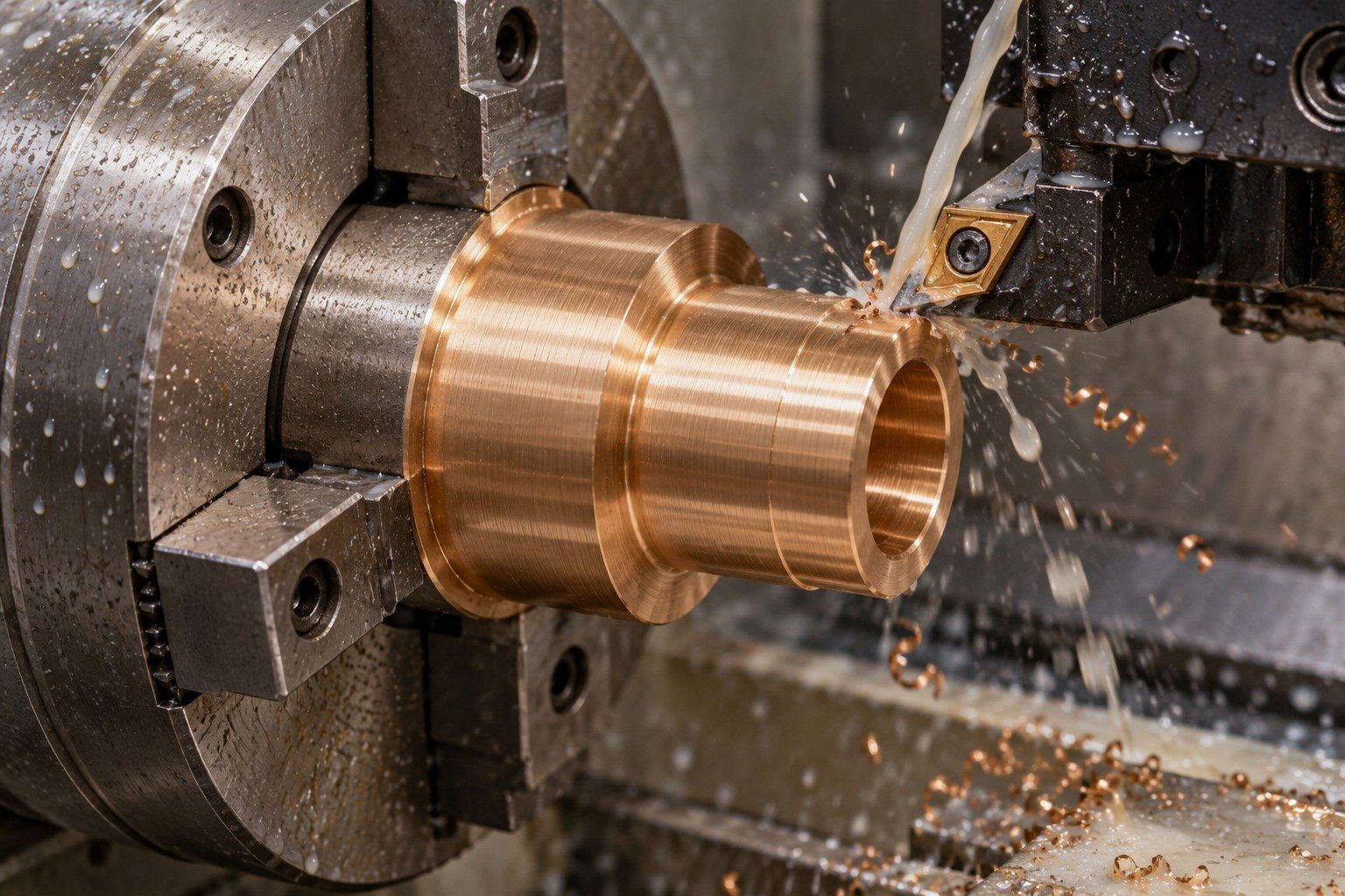 Supported turning of bronze sleeve shoulder — illustrative generated component concept