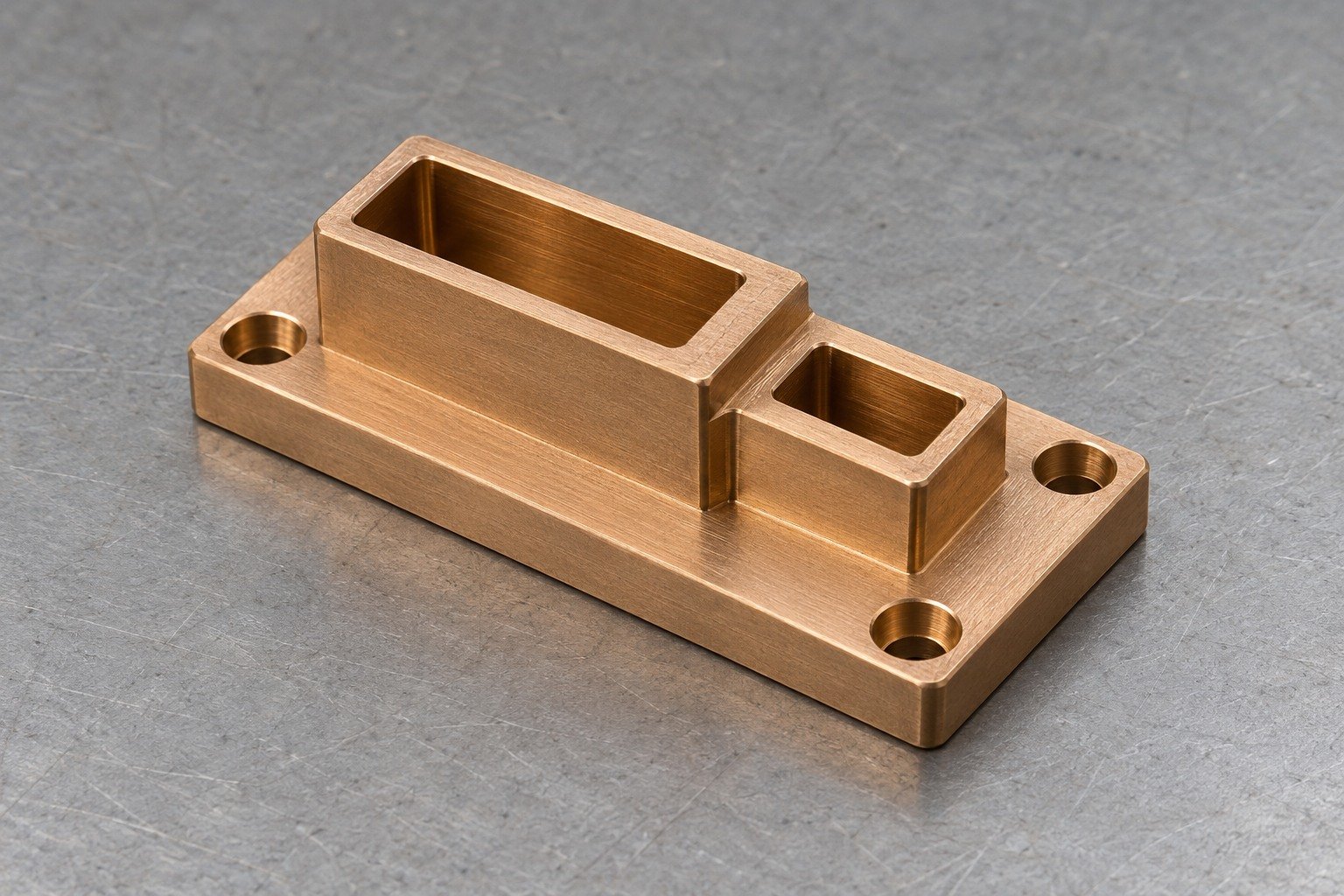A small phosphor-bronze rectangular connector insert with two unequal open slots, a stepped shoulder and four mounting holes concept — illustrative generated component concept